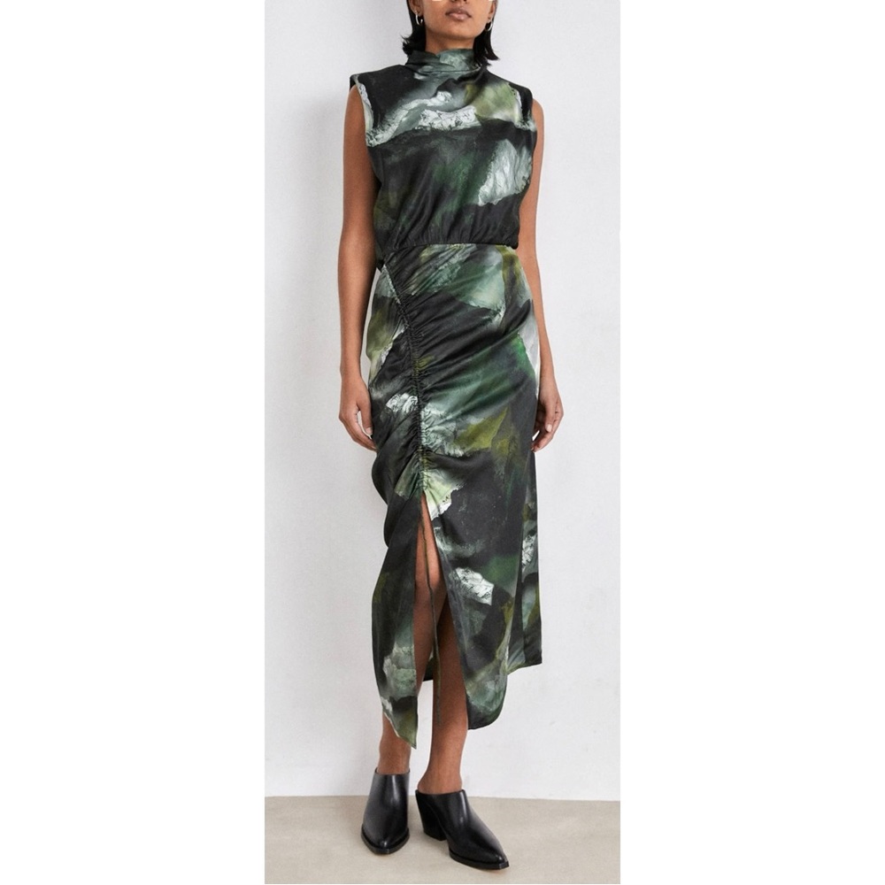 All Saints Isa Appalachian Abstract Green Silk Blend Sheath Midi Dress sz 4